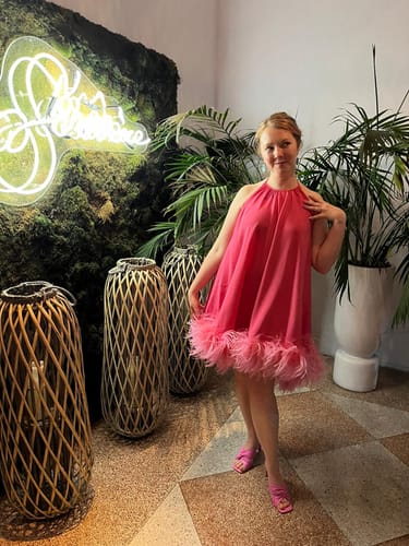 Customer photo review of Art Dealer feather-detailing halterneck dress