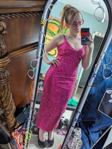 Customer photo review of Glitz & Glamour Dress in Hot Pink Sequins - Vixen by Micheline Pitt
