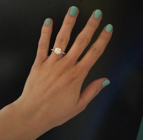 Customer photo review of Hidden Halo Cushion Cut Moissanite Pave Engagement Ring