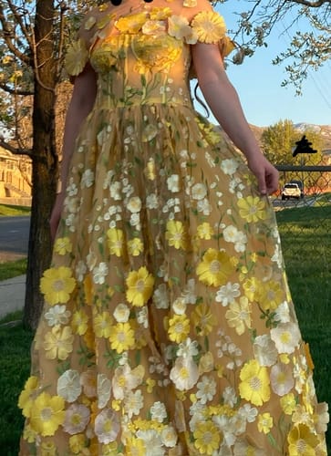 Customer photo review of Strapless Floral Corset Yellow Dress with Removable Cape