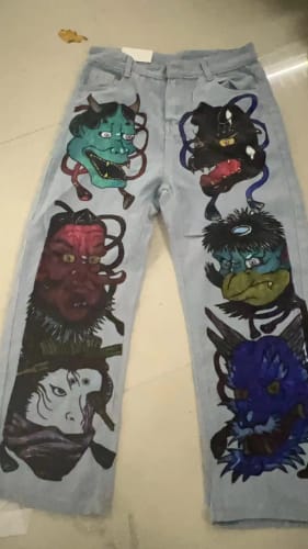 Customer photo review of Hip Hop Big Head Print Graphic Baggy Jeans: Harajuku Denim Y2K Pants for Men and Women