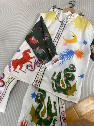 Customer photo review of Spring Women Cartoon Print Pant Two Pieces Set Fashion Loose Lapel Long Sleeve Shirt Suit 2024 Summer Chic Female Soft Homewear