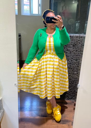 Customer photo review of Dream-House Swing Dress and Matching Bow in Yellow Gingham - Vixen by Micheline Pitt