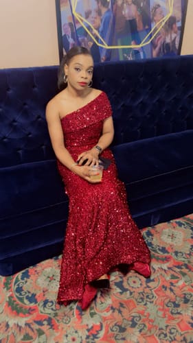 Customer photo review of Elena Red One Shoulder Sequin Gown