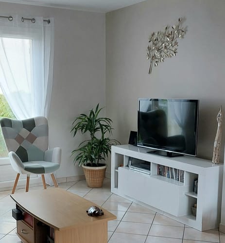 Customer photo review of Fauteuil scandinave, chaise de canapé confortable en tissu patchwork aqua avec dossier à surpiqûres - FUNKEL PATCHWORK AQUA