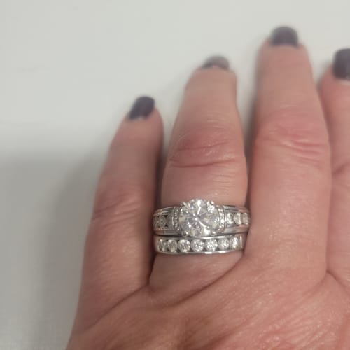 Customer photo review of Vintage Moissanite Sterling Silver Wedding Band Stackable Ring
