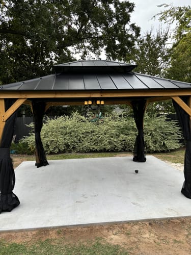 Customer photo review of SUNJOY 12x16 Outdoor Cedar Framed Gazebo with 2-tier Metal Roof and Ceiling Hook - Standard Natural Cedar
