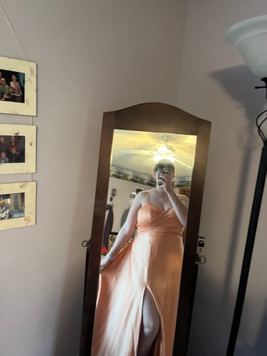 Customer photo review of Elegant A-line Spaghetti Straps Long Soft Satin Bridesmaid Dresses With Slit