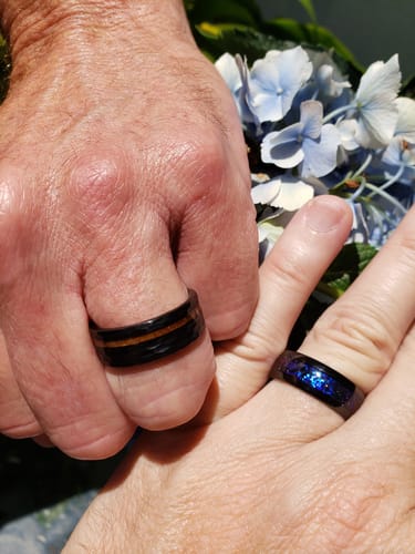 Customer photo review of AXIOM - Hammered Black Tungsten Ring with Whiskey Barrel Inlay