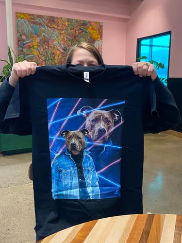 Customer photo review of 1980s Lazer Portrait Personalized T-Shirt for Pets and Humans Custom Portrait Tee