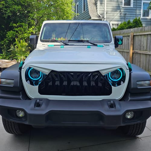 Customer photo review of Black & White Shark Grille w/ Mesh & RGB Halo Headlights Combo for 18-23 Wrangler JL & Gladiator JT