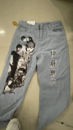 Customer photo review of Harajuku Hip Hop Anime Graphic Baggy Jeans: Y2K Denim Pants for Men and Women