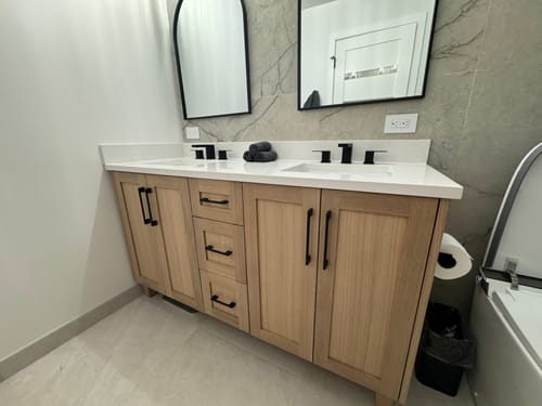 Customer photo review of Bridgeport 60" White Oak Bathroom Vanity, Double Sink