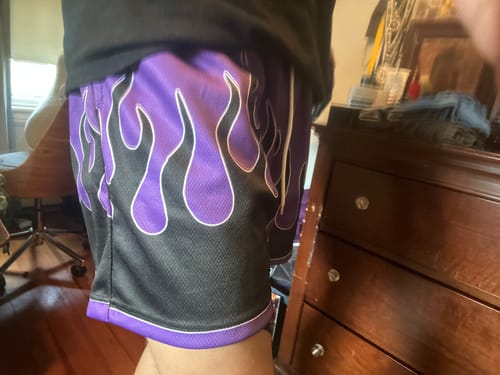 Customer photo review of Purple & Black Flame Shorts