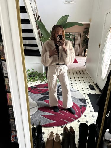 Customer photo review of ELLE FAUX FUR CROPPED BRIDE JACKET FOR BRIDE & BRIDESMAIDS (AVAILABLE IN 3 COLOURS & SIZES 6-18)