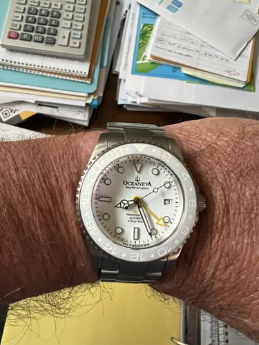 Customer photo review of Oceaneva™ Men's GMT TITANIUM Automatic Deep Marine Explorer 1250M White Ceramic Bezel Watch