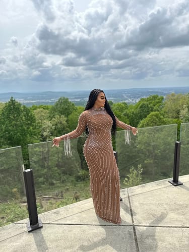 Customer photo review of Emiliana Rhinestone Pearl Maxi Dress - Brown