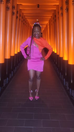 Customer photo review of Dahlia Pink Red Color Block Cut Out Mini Dress