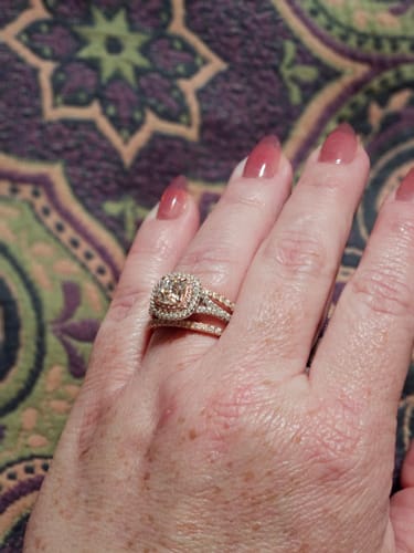 Customer photo review of Two Tone Halo Cushion Moissanite Split Shank Pave Engagement Ring