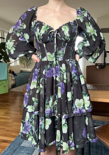 Customer photo review of Long Sleeves Sweetheart Corset Black Floral Print Chiffon Tiered Mini Dress