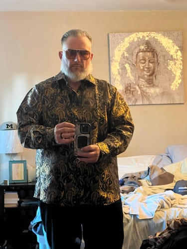 Customer photo review of Barry.wang Black Gold Paisley Silk Men's Shirt