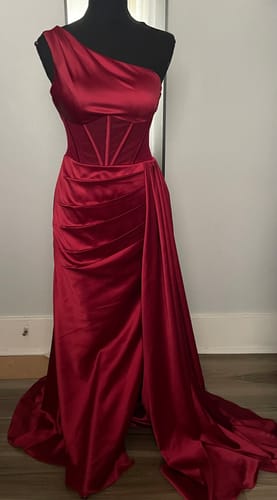 Customer photo review of Sexy One Shoulder Mermaid Side Slit Soft Satin Long Matron of Honor Dress For Wedding