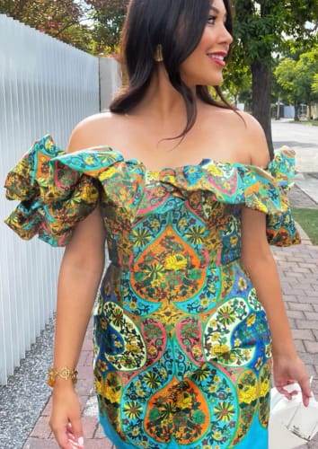 Customer photo review of Sofie Satin Unique Paisley Print Cloud Shape Off Shoulder Mini Dress