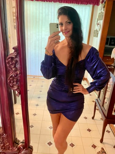 Customer photo review of Julia Blue Shine Metallic Ruched Dress