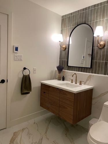 Customer photo review of Austin 36" Wall Mount American Black Walnut Bathroom Vanity, Right Sink