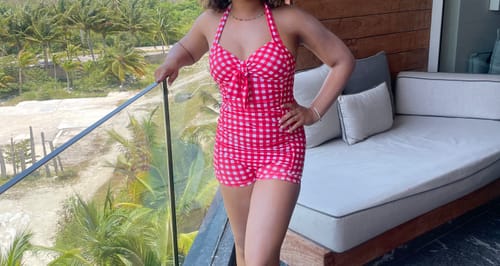 Customer photo review of Red 1950s Plaid Halter One-piece Swimsuit