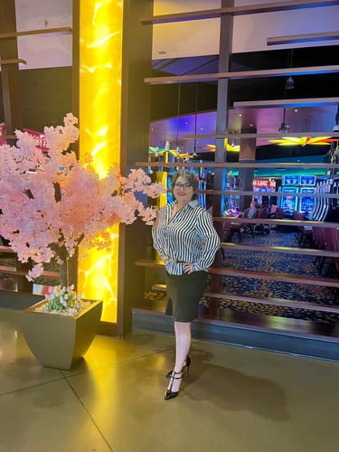 Customer photo review of Delvina Striped Charmeuse Shirt Top