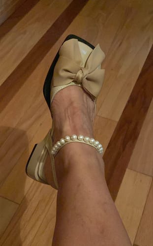 Customer photo review of Fashion Nail Bead Bow Splicing Chunky Sandals Khaki Faux Leather