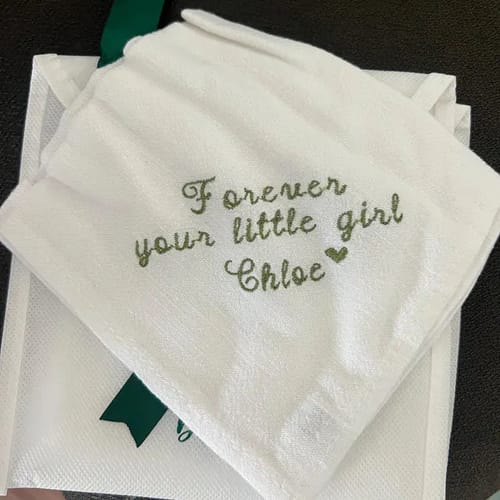Customer photo review of CUSTOM EMBROIDERED HANDKERCHIEF | Forever Your Little Girl