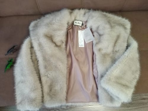 Customer photo review of PRISCILLA LUXE FAUX FUR EVERYDAY JACKET IN BEIGE AND GREY GRADIENT