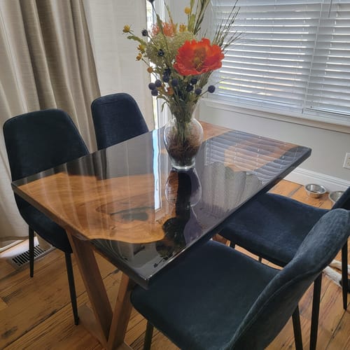 Customer photo review of Wooden Translucent Epoxy Dining Table - Modern Wood Trestle Table