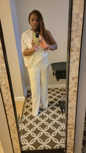 Customer photo review of Rebecca Champagne Gold One Sleeve Sequin Jumpsuit