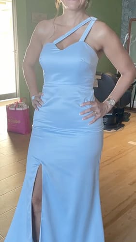 Customer photo review of Sexy Side Slit One Shoulder Straps Mermaid Soft Satin Long Matron of Honor Dress For Wedding