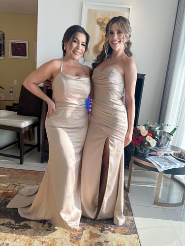 Customer photo review of Sexy Backless Mermaid Spaghetti Straps Long Soft Satin Bridesmaid Dresses Online