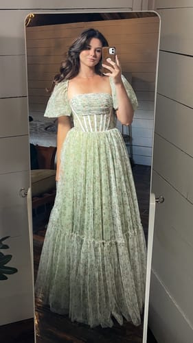 Customer photo review of Corset Tie Back Floral Print Tulle Prom Dress with Removable Puff Sleeves