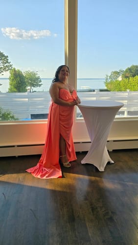 Customer photo review of Elegent Mermaid Side Slit Strapless Soft Satin Long Bridesmaid Dress For Wedding