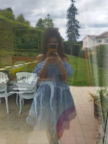Customer photo review of Off the Shoulder Floral Embroidery Sky Blue Mini Dress