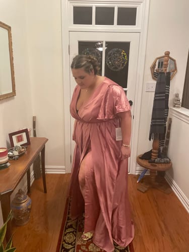 Customer photo review of Elegant V-Neck A-Line Long Soft Satin Short Sleeve Bridesmaid Dresses