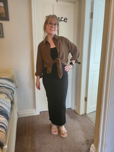 Customer photo review of Black Ruched Scoop Neck Shaping 'Orla' Maxi Dress