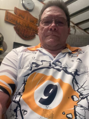 Customer photo review of Maxcorners Billiard Ball 9 Yellow Personalized Name, Team Name 3D Shirt