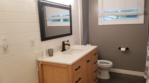 Customer photo review of Rose - 48", White Oak, Floor Standing Modern Bathroom Vanity, White Quartz Countertop, Matt Black Hardware