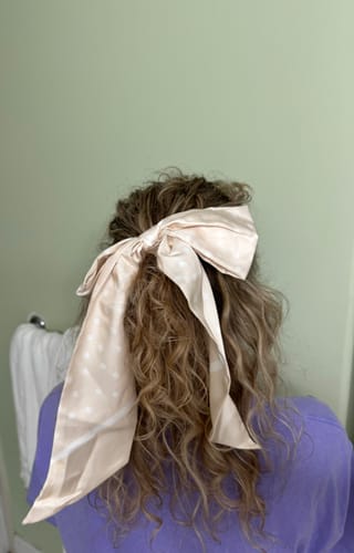 Customer photo review of Ivory/White Polka Dot Bow + Scrunchie Set (Twilly & Midi)