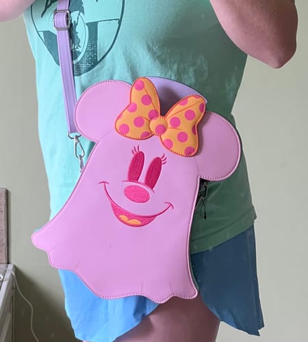Customer photo review of Loungefly Disney Pastel Ghost Minnie and Mickey Glow in the Dark Double Sided Crossbody