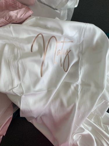 Customer photo review of FIRST NAME PERSONALISED PRINT SATIN RUFFLE ROBE (AVAILABLE IN 8 COLOURS & SIZES 8 - 20)