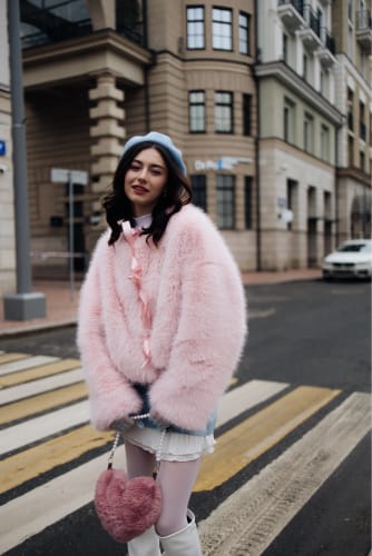 Customer photo review of ELLE CROPPED FAUX FUR BRIDE JACKET IN PINK