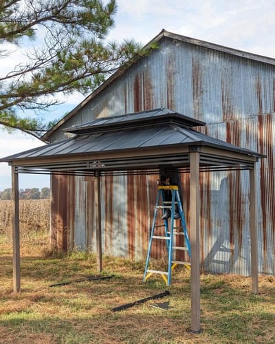 Customer photo review of SUNJOY 8x12 Brown Cedar Frame Grill Gazebo with Solar Power and Shelves - Brown